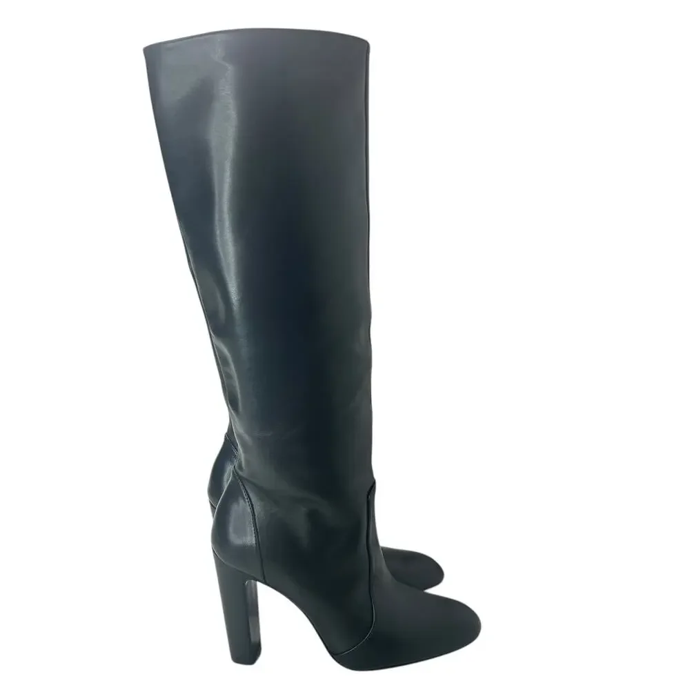 Stuart Weitzman Vita 100MM Leather Knee High Chunky Heel Boot Black Women 5.5B